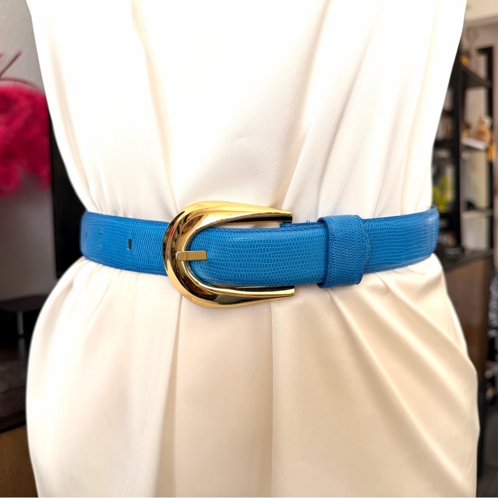 Liz Claiborne Blue Leather Belt with Gold Buckle